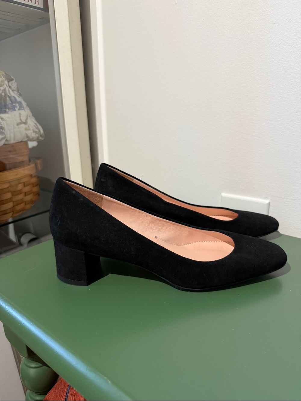 J. Crew Women's Black Suede Rounded-Square Toe low heeled pumps